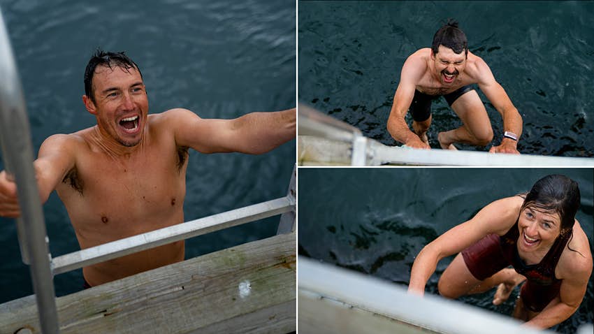 Tres fotos de diferentes miembros de la tripulación saliendo del océano después de nadar.
