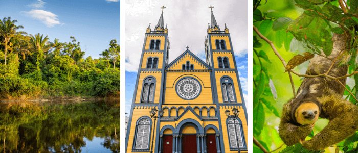Fotos de Surinam: Río Surinam por Marcel Bakker, Catedral de Paramaribo por Anton Ivanov y Sloth / todas por shutterstock.com